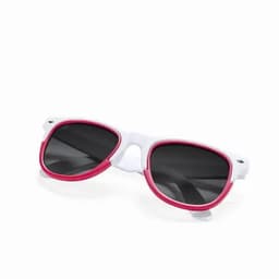 Sunglasses with white frames and pink accents, featuring dark lenses and a stylish design.