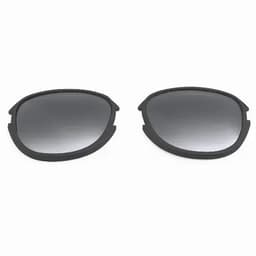 A pair of dark grey sunglasses lenses with a black frame. The lenses have a gradient tint effect.