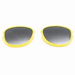 A pair of sunglasses with yellow frames and dark grey lenses.