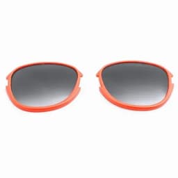 A pair of sunglasses with bright red frames and dark lenses, featuring a logo on the side.