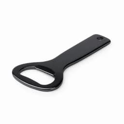 A black bottle opener with a sleek, minimalist design and a rounded handle.