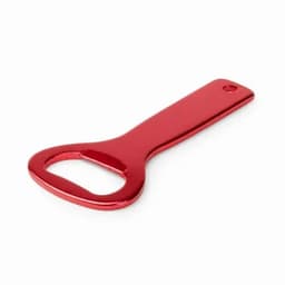 A red bottle opener with a flat handle and a looped end, featuring a branding logo.