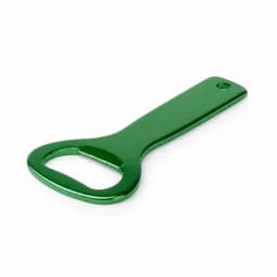 A green metal bottle opener with a smooth finish and a hole at one end for easy storage.