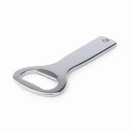 A bottle opener in a sleek, shiny silver finish, featuring a classic design with a wide handle.