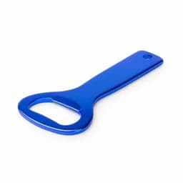 A drink bottle opener in a glossy blue finish, featuring a circular handle and a flat blade.