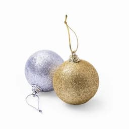 A gold and a silver glittery Christmas ornament, each with a hanging string and a decorative top.