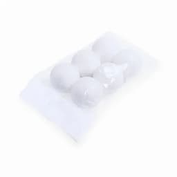 A clear bag containing six white balls, neatly packed and arranged.