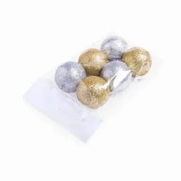 A pack of six glittery decorative balls in gold and silver, securely packaged in clear plastic.