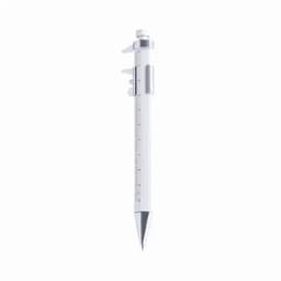 A white ballpoint pen with a silver clip and measurement markings along the barrel.