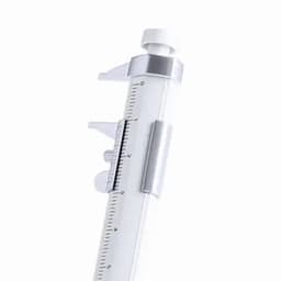 A caliper with a white body and silver accents, featuring measurement markings and a sliding gauge.