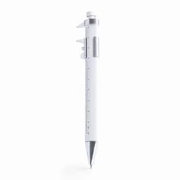 A white pen with a silver clip and features a ruler and measurement markings on its body.
