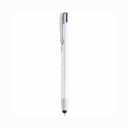 A pen with a sleek white body and chrome accents, featuring a logo on the side.