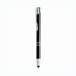 A pen featuring a sleek black body and chrome accents, with a stylus tip and a logo on the clip.