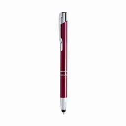 A pen in a burgundy finish with silver accents, featuring a clip and a sleek design. It has a logo on the side.