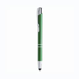 A green pen with chrome accents and a logo on the clip. The pen features a sleek design and smooth finish.