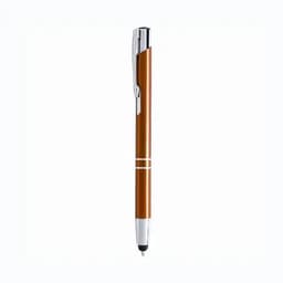 A pen with a brown barrel and silver accents, featuring a clip and a logo on the barrel.