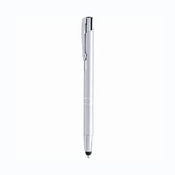 A silver pen with a sleek design and a clip, featuring a small logo near the top.
