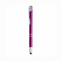 A pen in vibrant purple with silver accents and a stylus tip at one end, featuring a logo.