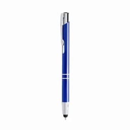 A blue pen with a glossy finish and silver accents, featuring a clip and a subtle logo.