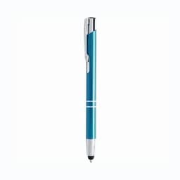 A blue pen with silver accents and a clip, featuring a polished finish and a logo on the barrel.