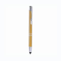 A gold pen with a chrome clip and accents, featuring a smooth writing tip and a sleek design.