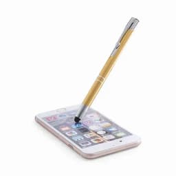 A stylus pen in gold rests on a smartphone screen, highlighting its touchscreen capabilities. The phone has a sleek design.