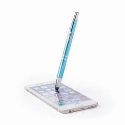 A blue stylus pen rests on a smartphone screen, featuring a silver clip and tip. The phone shows various app icons.