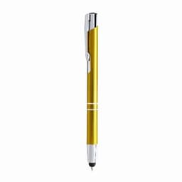 A pen with a shiny yellow barrel, silver accents, and a sleek design. It features a logo on the barrel.