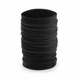 A black, textured neck gaiter made from stretchy fabric, featuring a gathered design.