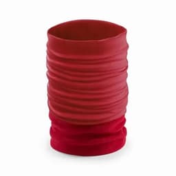 A red drink bottle with a textured, ridged design and a branding logo.