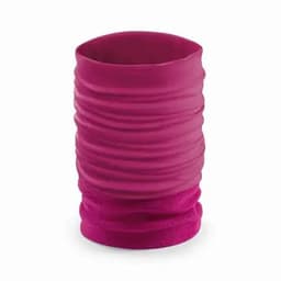 A drink bottle in vibrant pink with a textured, ruffled design and a branding logo.