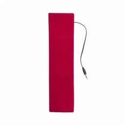 A drink bottle in a vibrant red colour with a black cable attached. It features a logo branding.