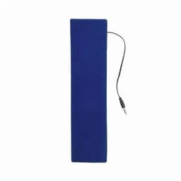 A blue promotional product with a connected audio jack, featuring a smooth surface and rectangular shape.