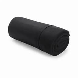 A rolled-up black towel made of soft material, neatly secured with a band.