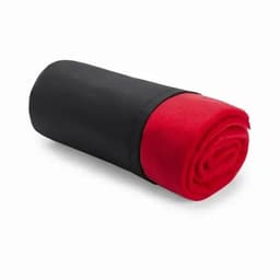 A rolled blanket in red and black fabric, featuring a simple design with a sleek, modern look.