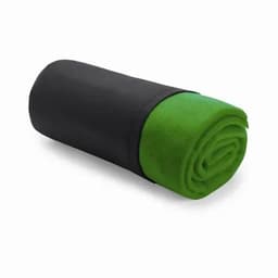 A rolled blanket featuring a vibrant green fabric encased in a black sleeve, with a smooth texture.