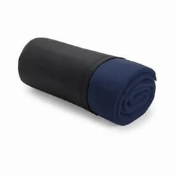 A rolled navy towel secured with a black strap, showcasing a sleek and compact design.