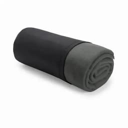 A rolled blanket in dark grey and black fabric, secured with a band. The blanket is soft and compact.