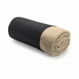 A rolled-up blanket in beige with a black cover. It features a simple design and is neatly compacted.
