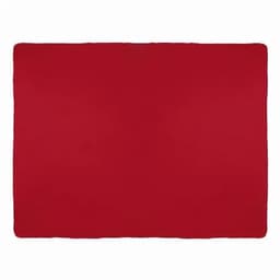A red blanket with a smooth texture, featuring a simple, solid design and rounded edges. It has a logo in one corner.