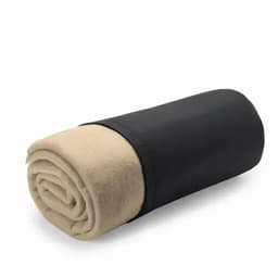 A rolled-up blanket featuring a black exterior and a beige interior. It has a simple, streamlined design.