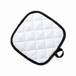 A quilted white pot holder with a black border and a loop for hanging.