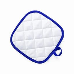A square oven mitt in white with blue trim, featuring a quilted design and a hanging loop.