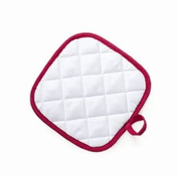 A square pot holder with a white quilted surface and a red border, featuring a loop for hanging.