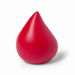 A red, droplet-shaped promotional product with a smooth surface and a rounded top. It features a logo.