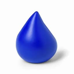 A blue, teardrop-shaped promotional product with a smooth finish and a small branding logo.