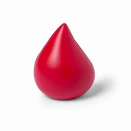 A red, teardrop-shaped promotional product featuring a smooth surface and a glossy finish. It includes a logo.