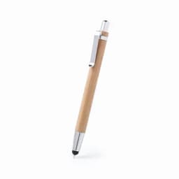 A pen with a bamboo barrel and silver accents, featuring a clip and a touch-screen stylus tip.