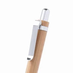 A pen with a wooden barrel and metal clip, featuring a shiny silver top. The design is sleek and elegant.