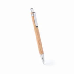 A wooden pen with a sleek design and a chrome tip and clip. It features a smooth finish and modern style.